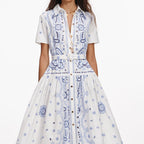 White And Blue Embroidered Midi Dress