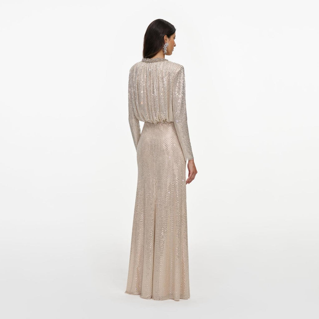 Champagne Rhinestone Embellished Maxi Dress