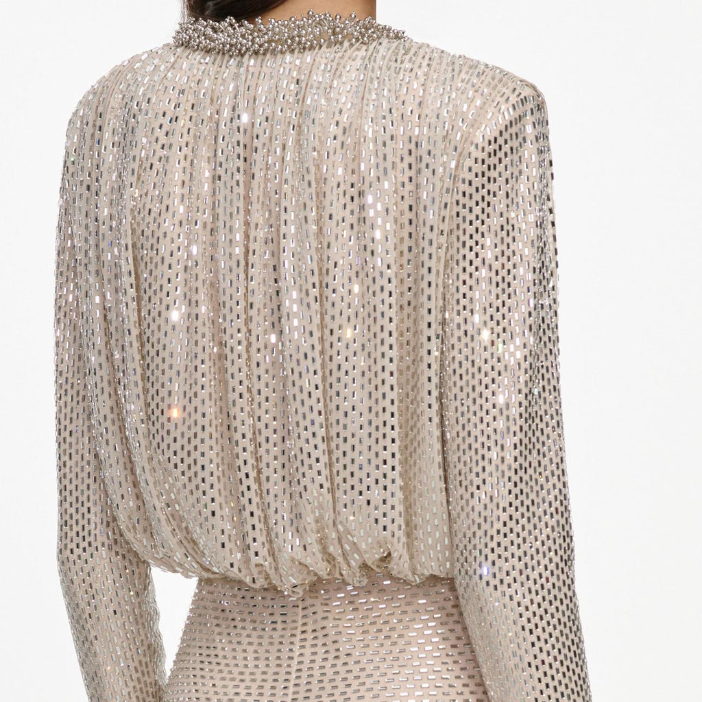 Champagne Rhinestone Embellished Maxi Dress