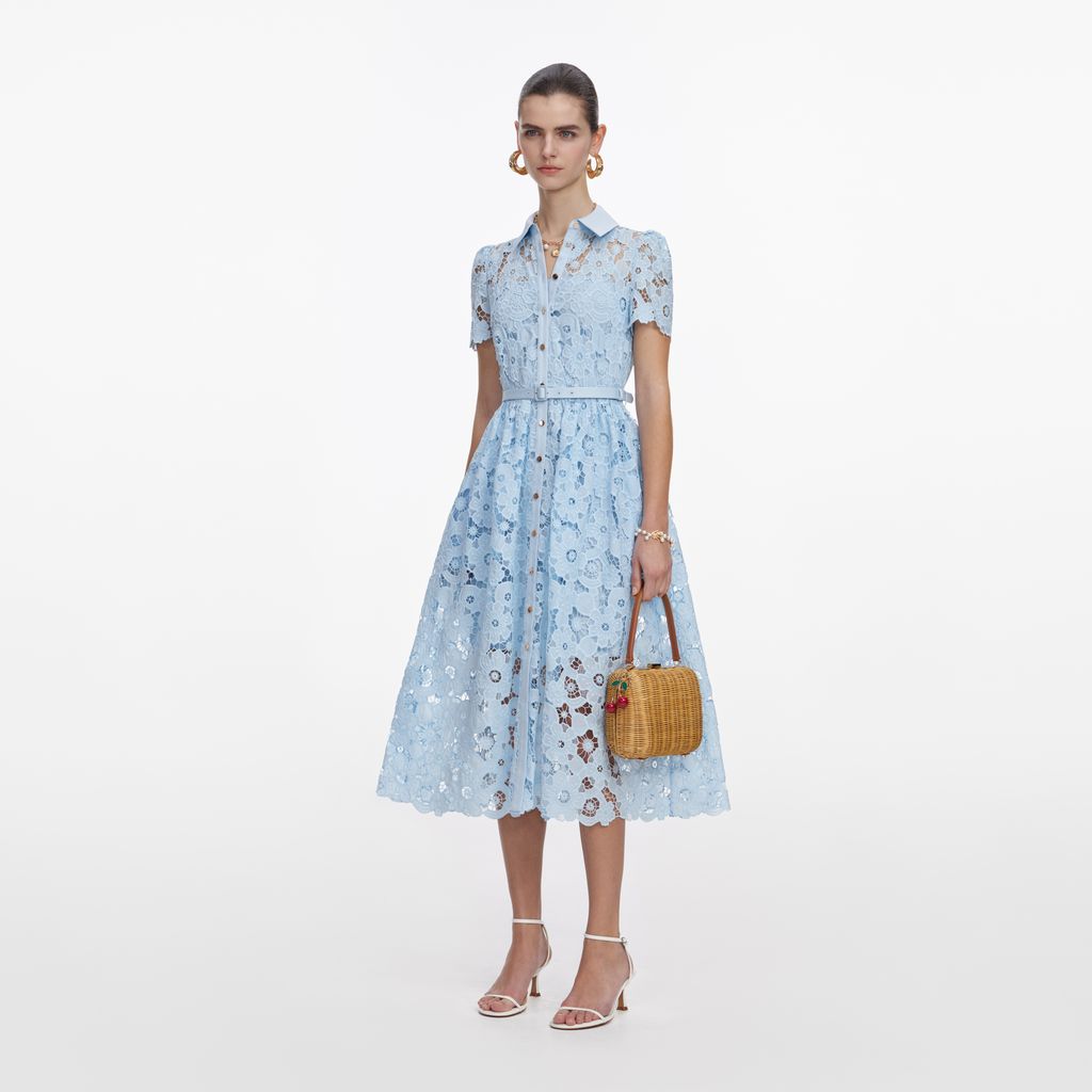 Blue Lace Collared Midi Dress