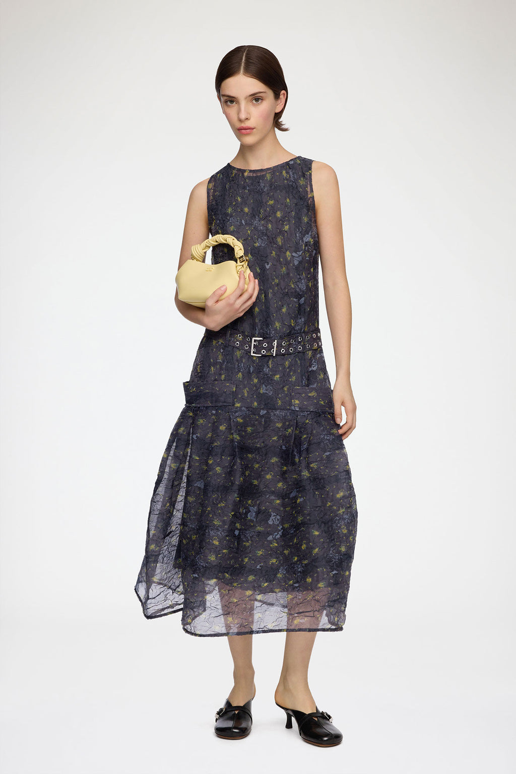 Shibori Organza Belted Long Dress
