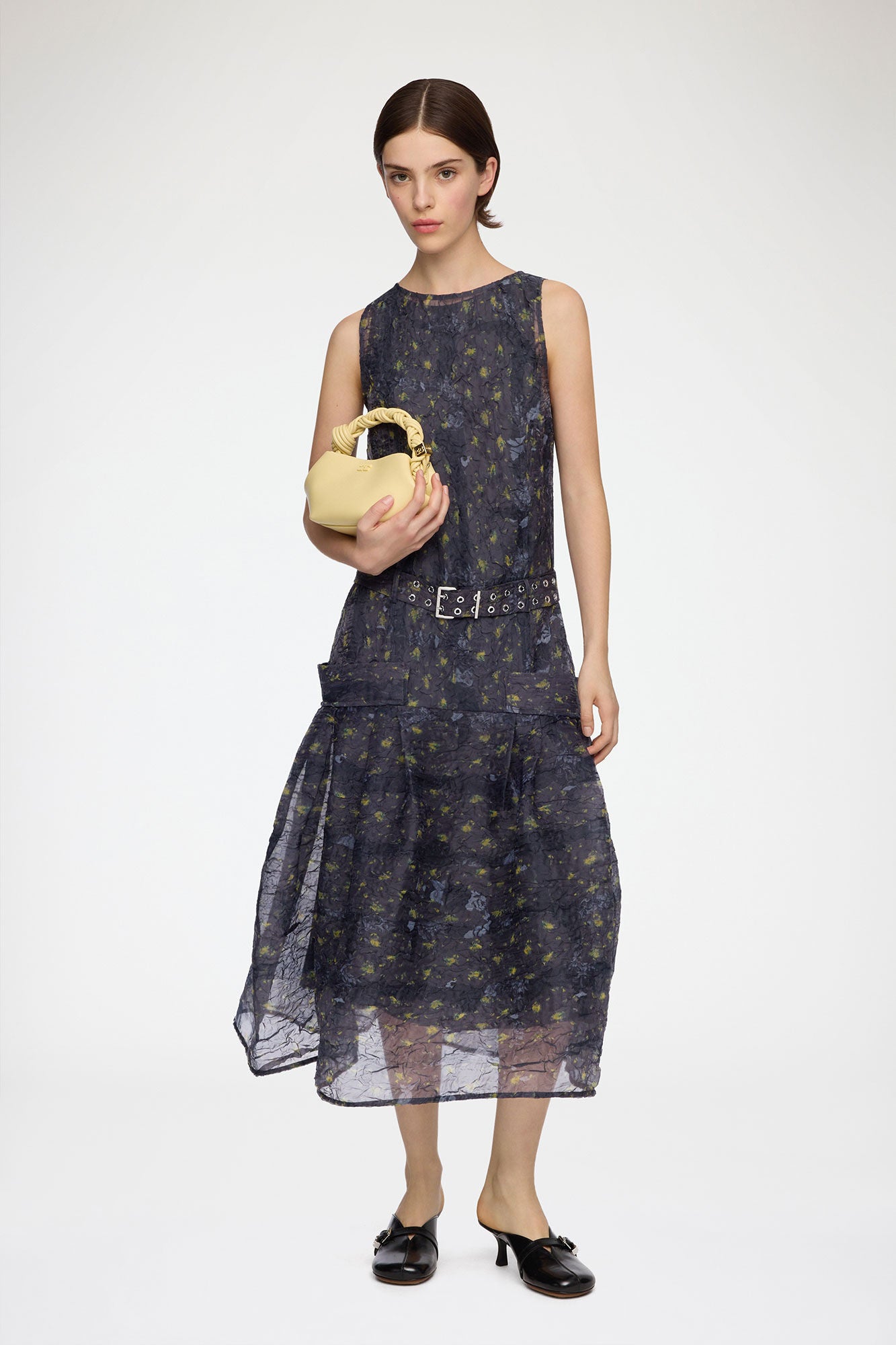 Shibori Organza Belted Long Dress