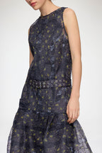 Shibori Organza Belted Long Dress