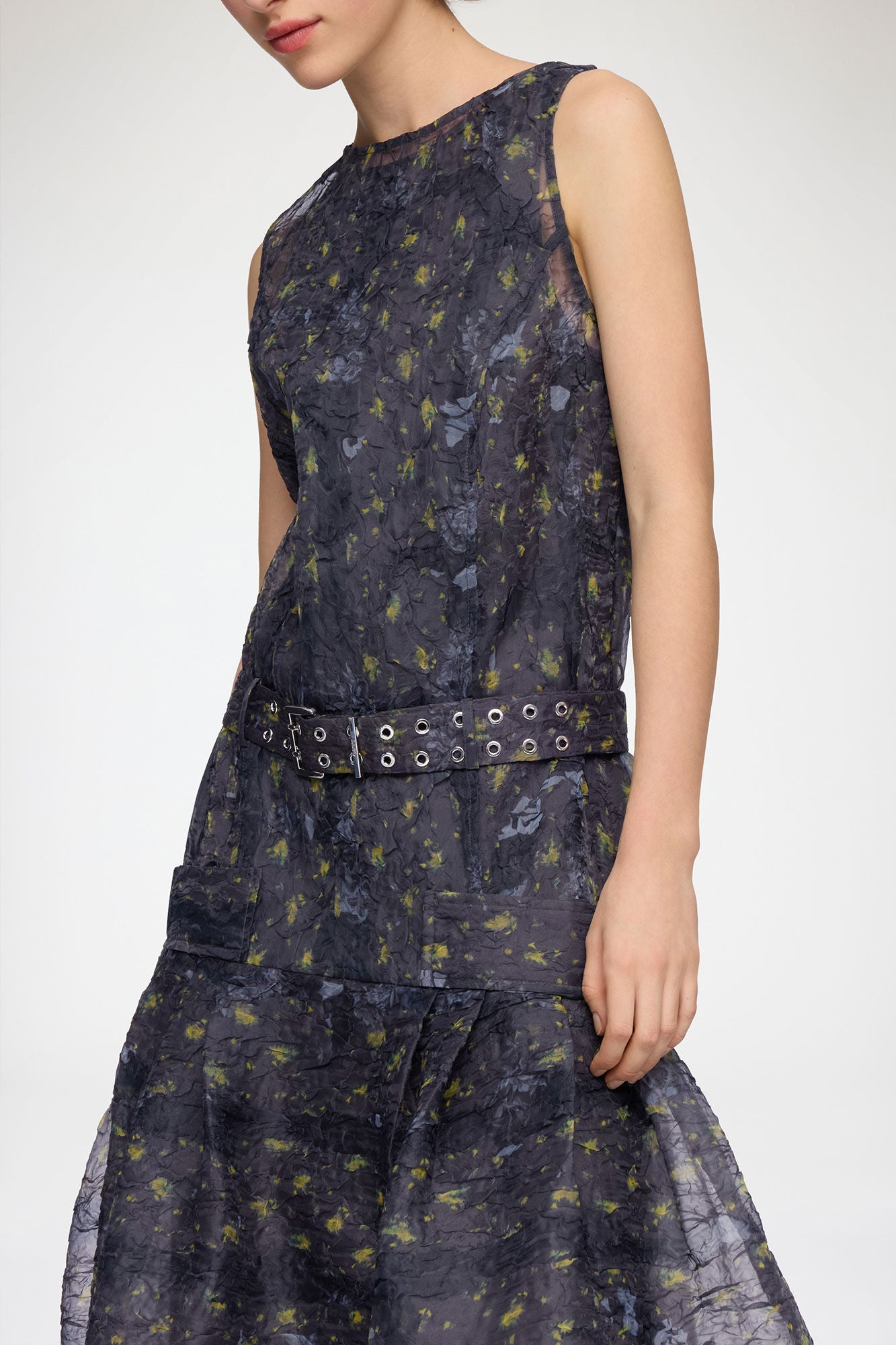 Shibori Organza Belted Long Dress