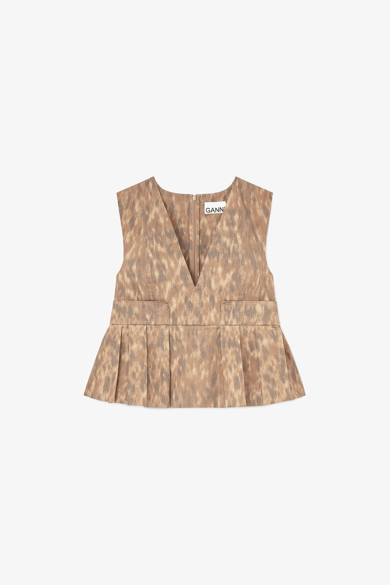 Printed Stretch Cotton V-neck Pocket Blouse