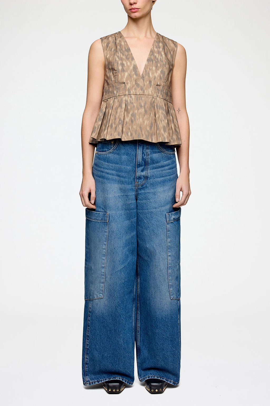 Printed Stretch Cotton V-neck Pocket Blouse