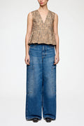 Printed Stretch Cotton V-neck Pocket Blouse