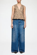 Printed Stretch Cotton V-neck Pocket Blouse