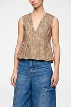 Printed Stretch Cotton V-neck Pocket Blouse