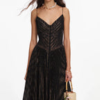 Black Lurex Stripe Pleated Maxi Dress