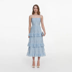 Blue Chiffon Lace Tiered Midi Dress