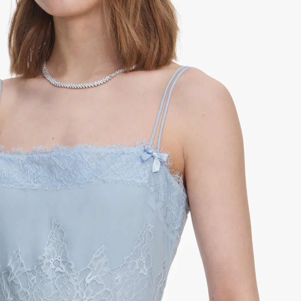 Blue Chiffon Lace Tiered Midi Dress