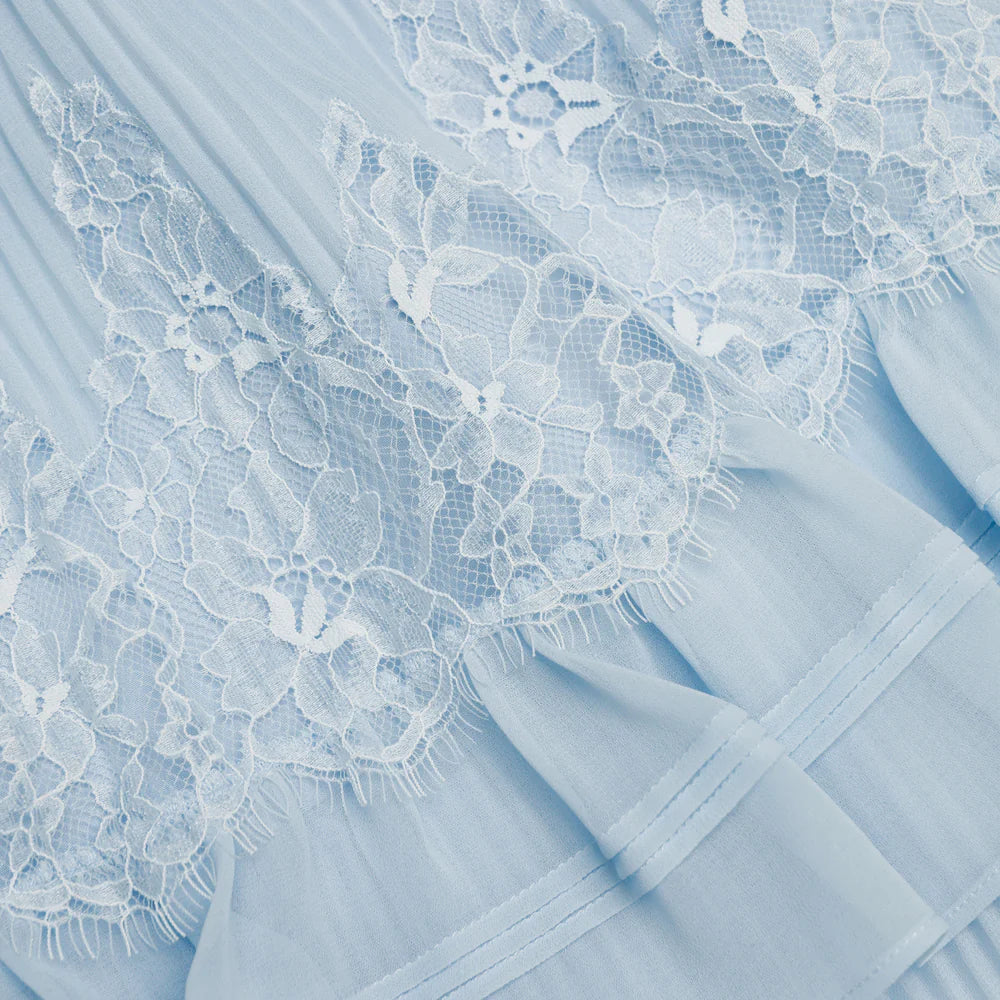 Blue Chiffon Lace Tiered Midi Dress