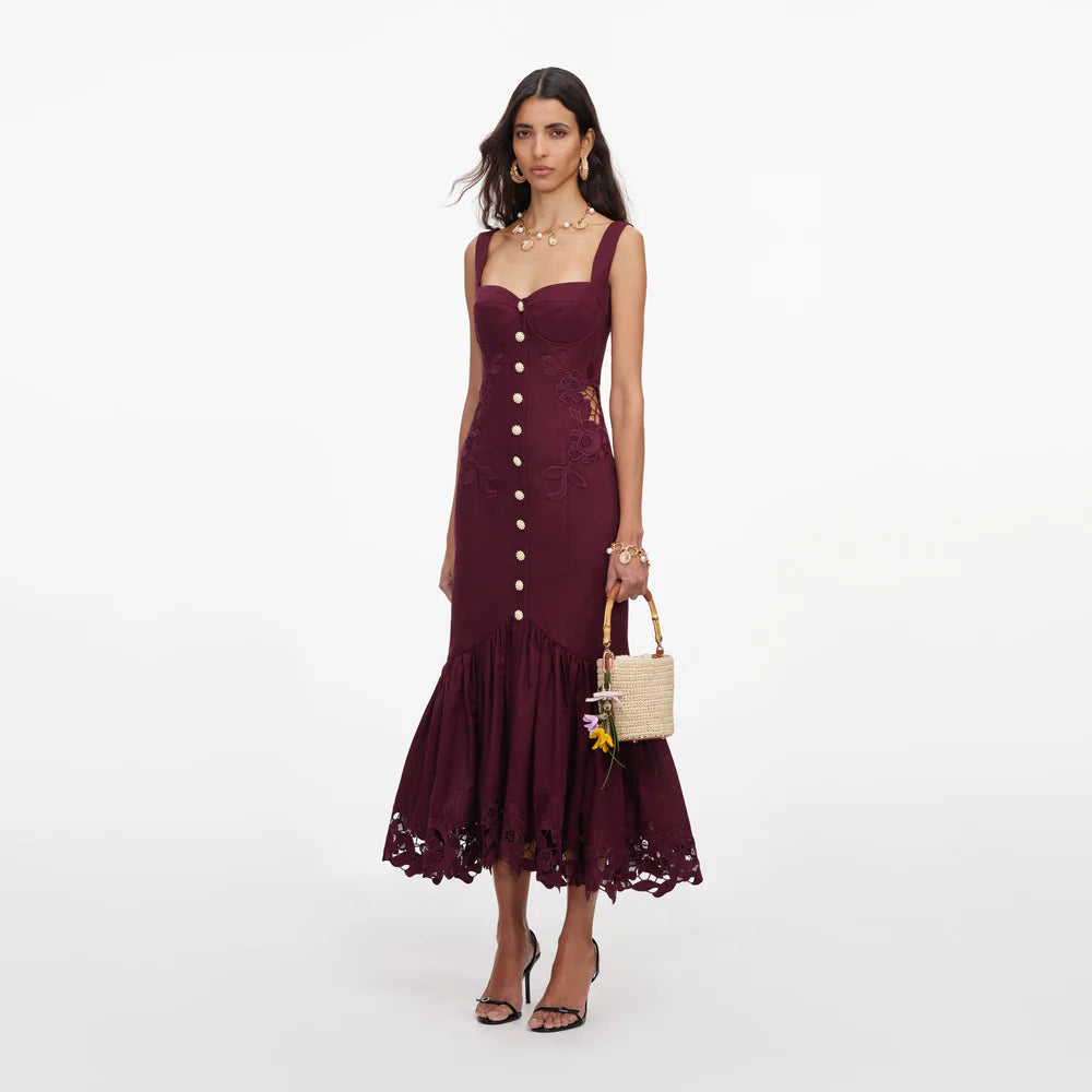 Plum Linen Lace Midi Dress