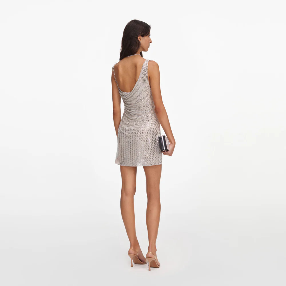 Champagne Rhinestone Draped Mini Dress