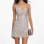 Champagne Rhinestone Draped Mini Dress