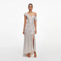 Champagne Rhinestone Ruffle Draped Maxi Dress