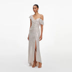 Champagne Rhinestone Ruffle Draped Maxi Dress