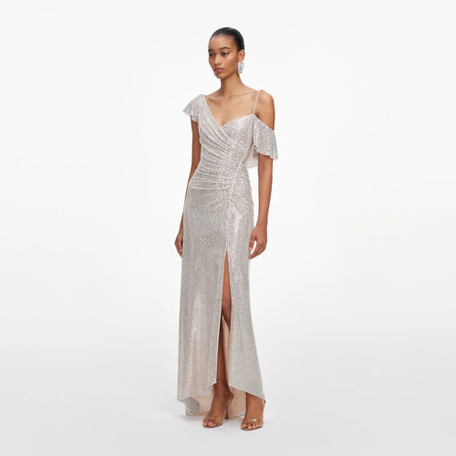 Champagne Rhinestone Ruffle Draped Maxi Dress