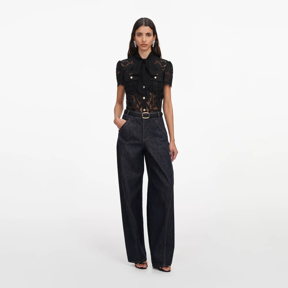 Black Lace Tie Neck Top