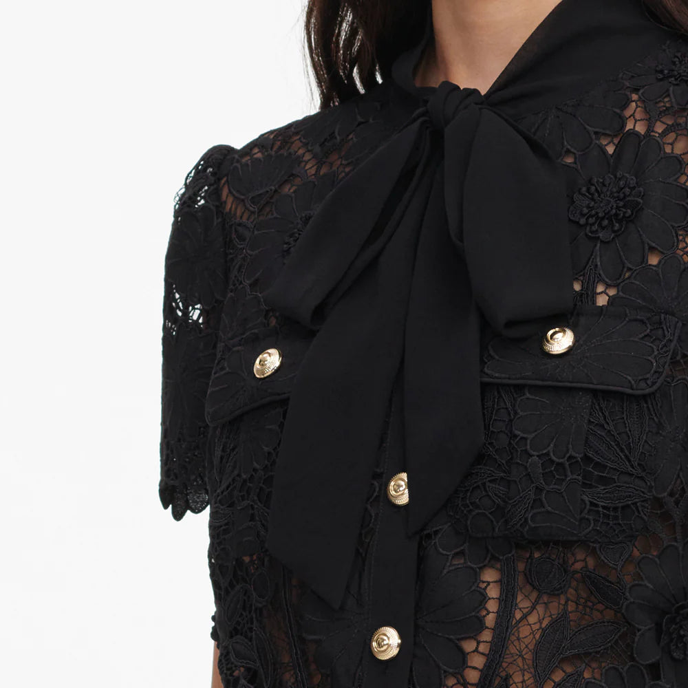 Black Lace Tie Neck Top