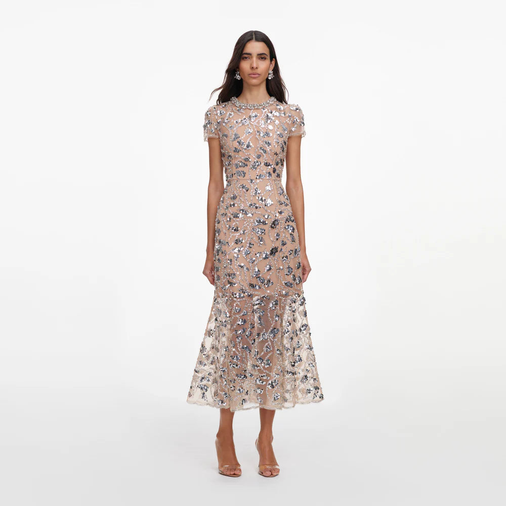 SILVER SEQUIN EMBELLISHED MIDI DRESS
