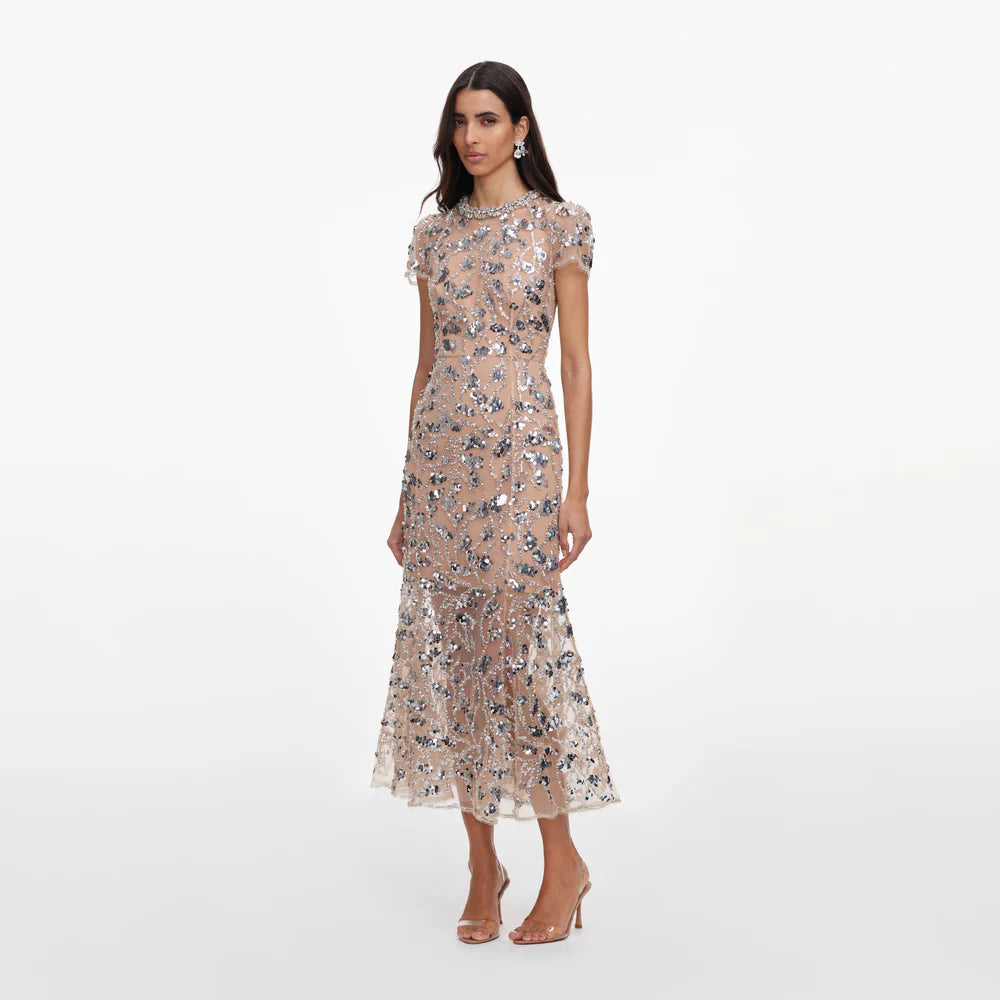 SILVER SEQUIN EMBELLISHED MIDI DRESS