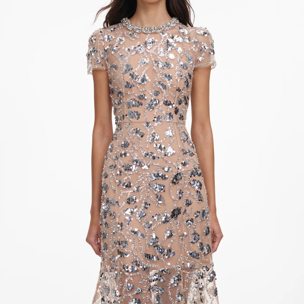 SILVER SEQUIN EMBELLISHED MIDI DRESS