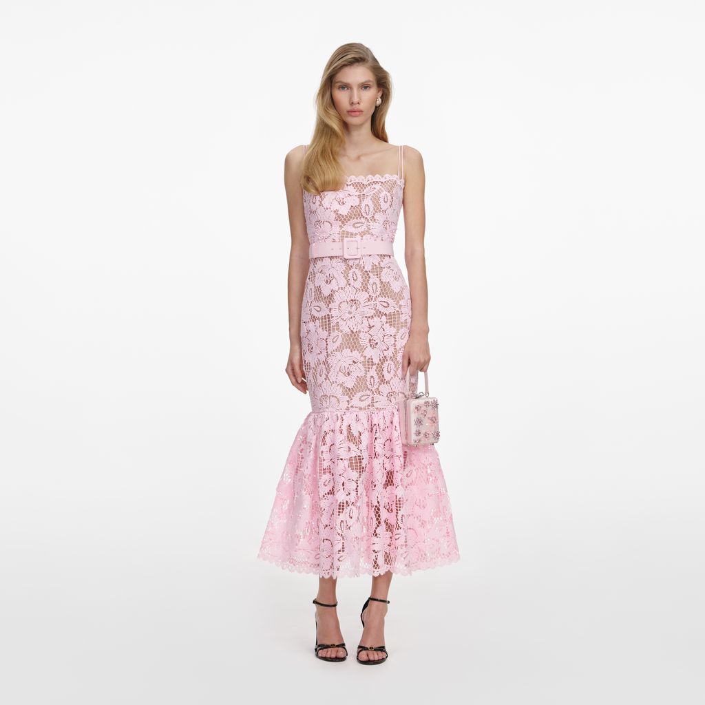 Pink Crochet Lace Midi Dress
