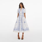 White And Blue Embroidered Midi Dress