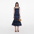 Navy Polka Dot Linen Midi Dress