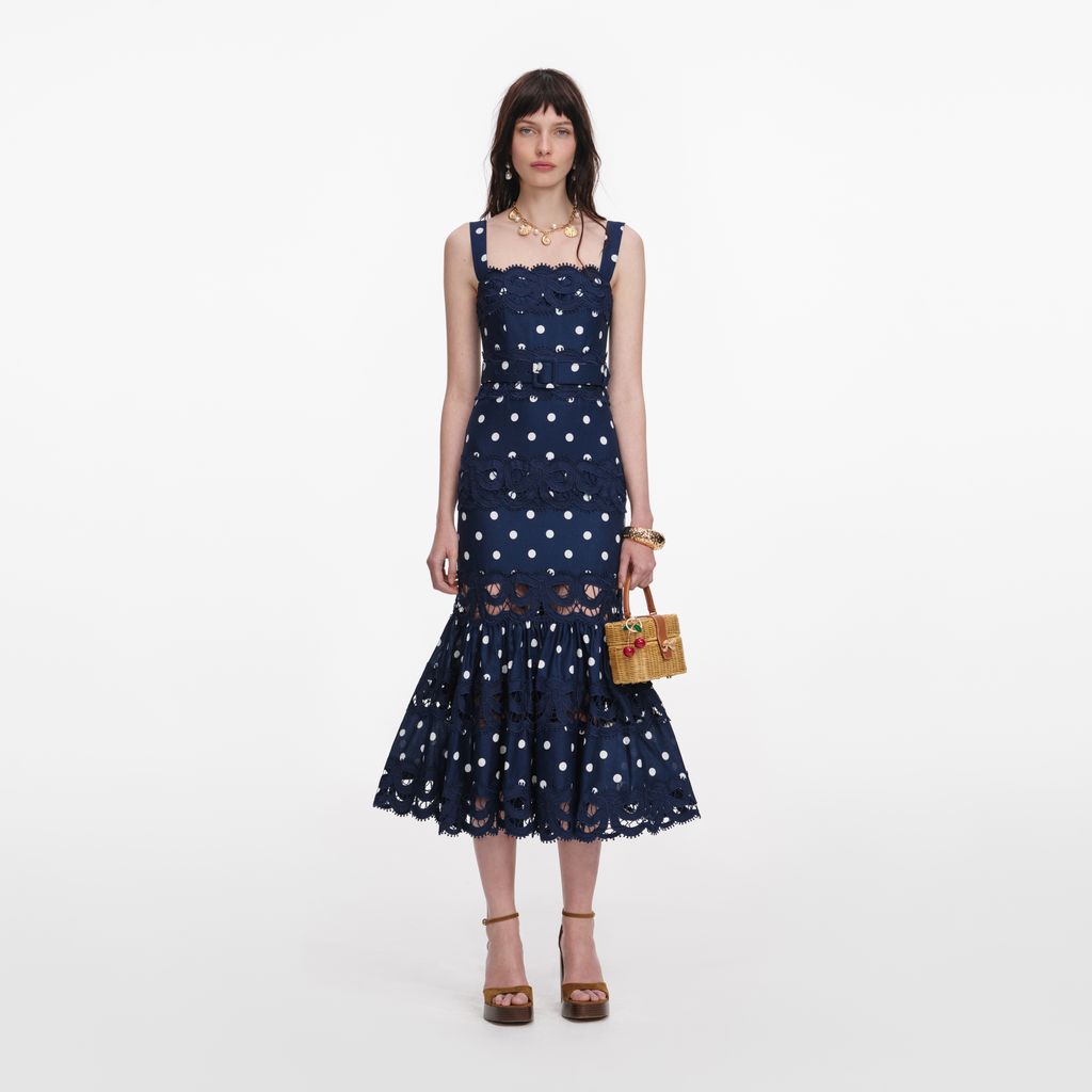 Navy Polka Dot Linen Midi Dress