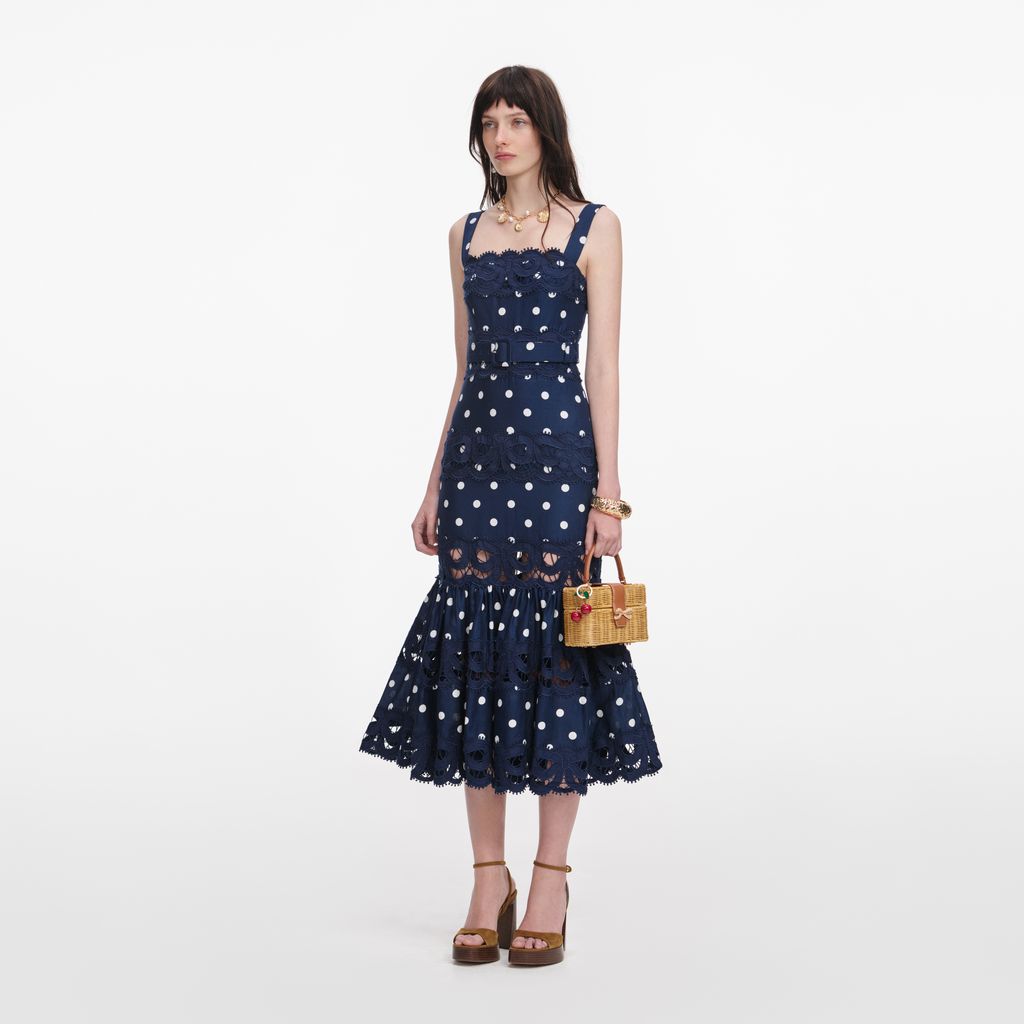 Navy Polka Dot Linen Midi Dress