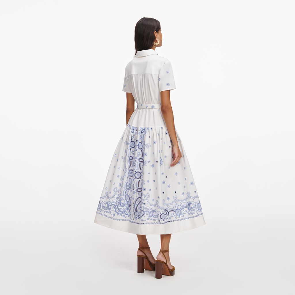 White And Blue Embroidered Midi Dress