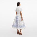 White And Blue Embroidered Midi Dress