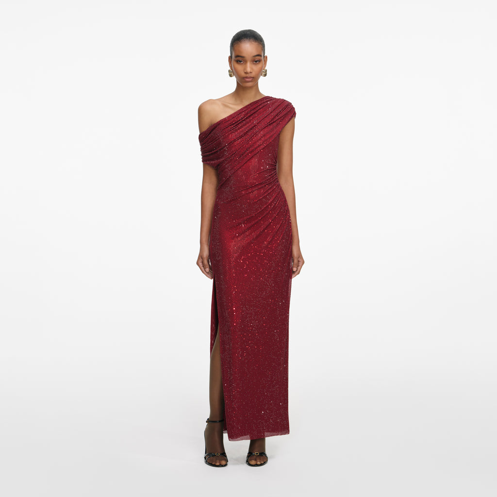 BURGUNDY RHINESTONE DRAPE MIDI DRESS