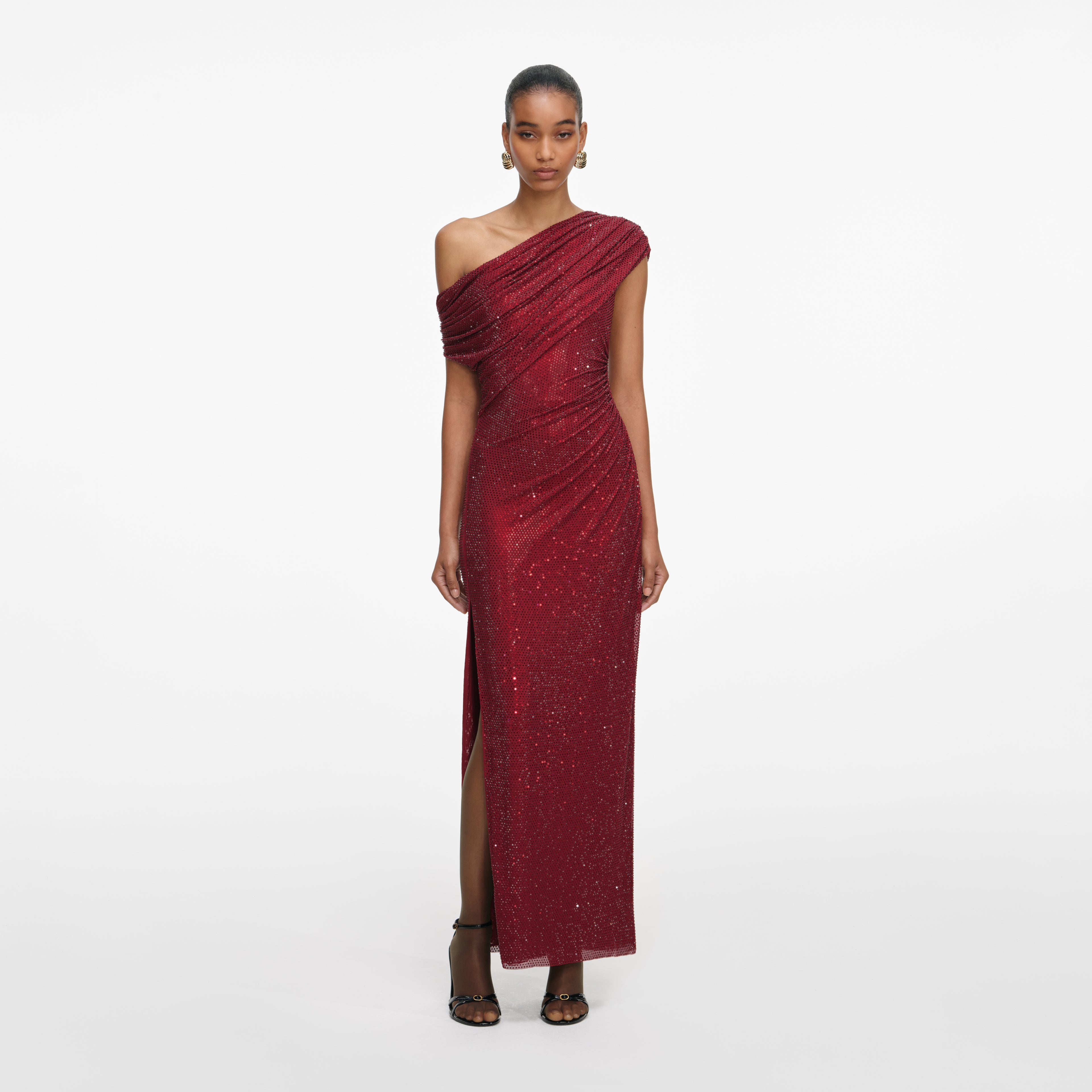 BURGUNDY RHINESTONE DRAPE MIDI DRESS