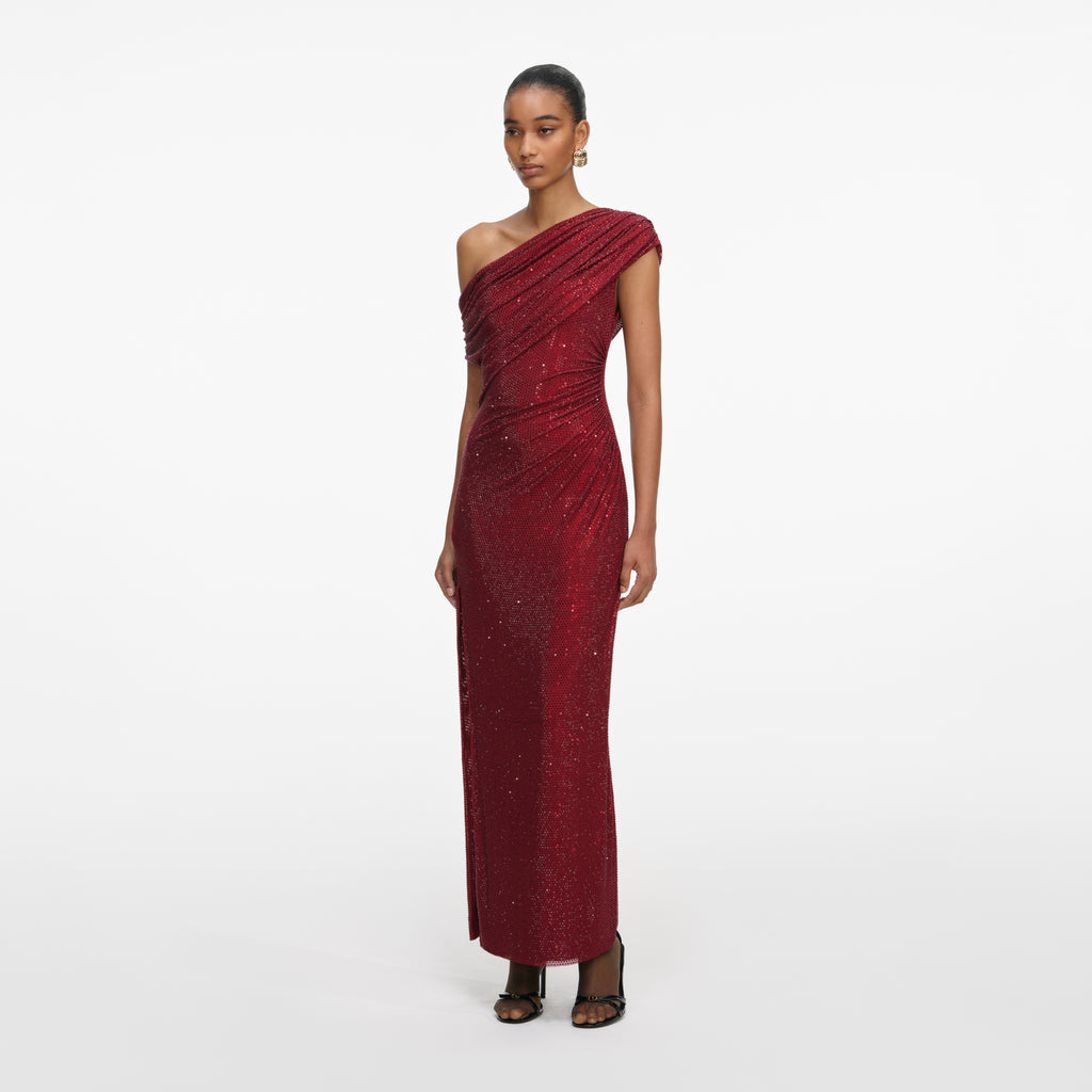 BURGUNDY RHINESTONE DRAPE MIDI DRESS