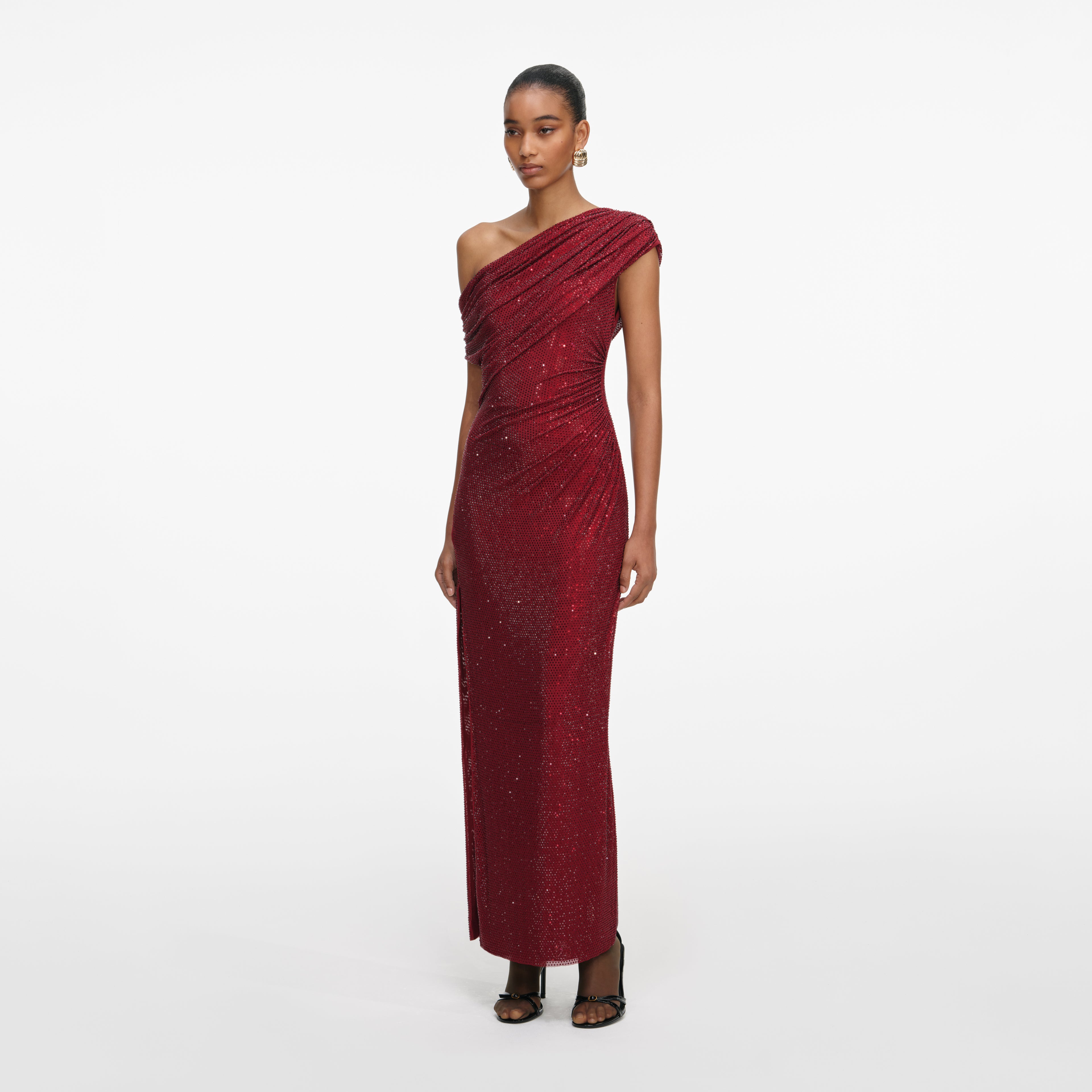 BURGUNDY RHINESTONE DRAPE MIDI DRESS