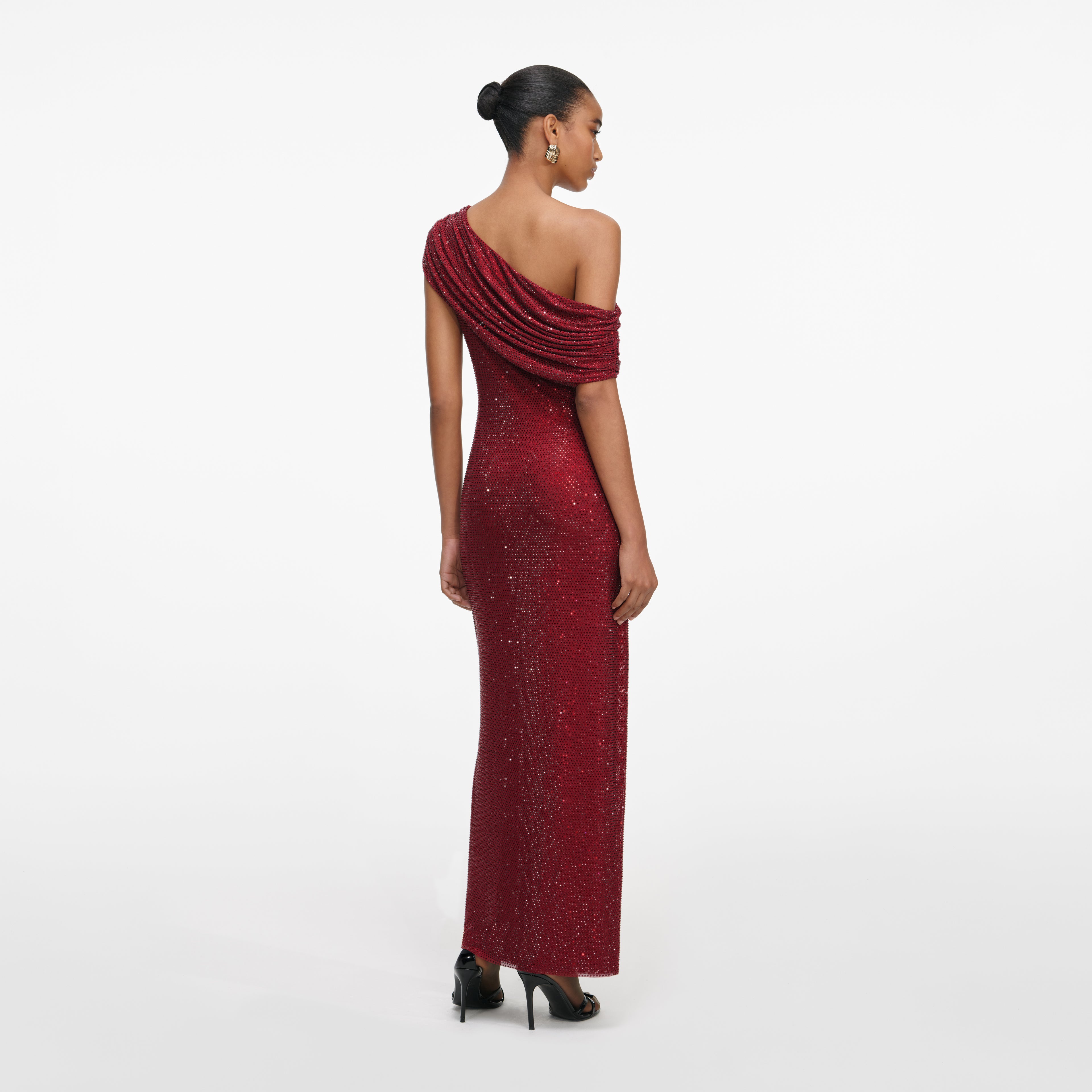 BURGUNDY RHINESTONE DRAPE MIDI DRESS