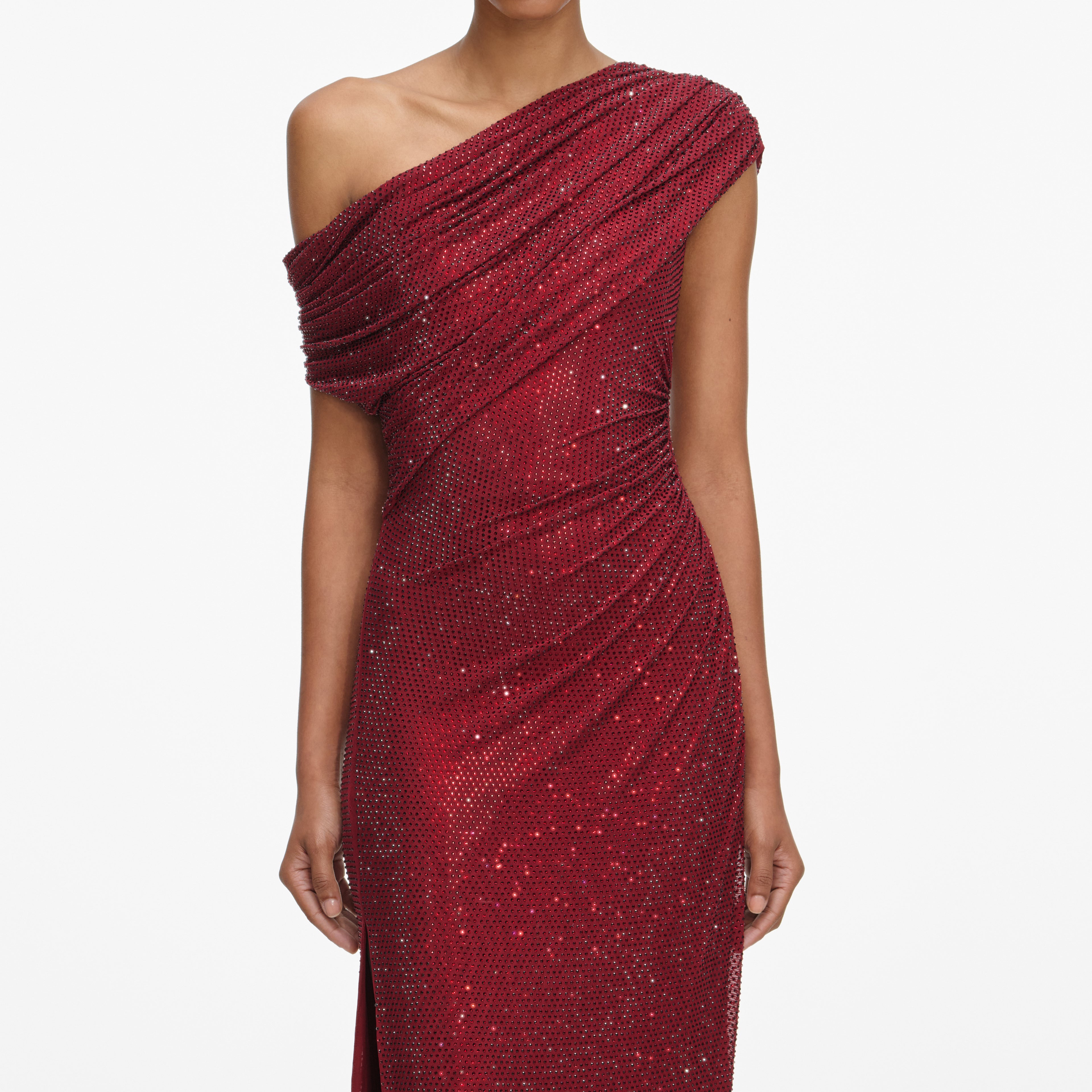 BURGUNDY RHINESTONE DRAPE MIDI DRESS