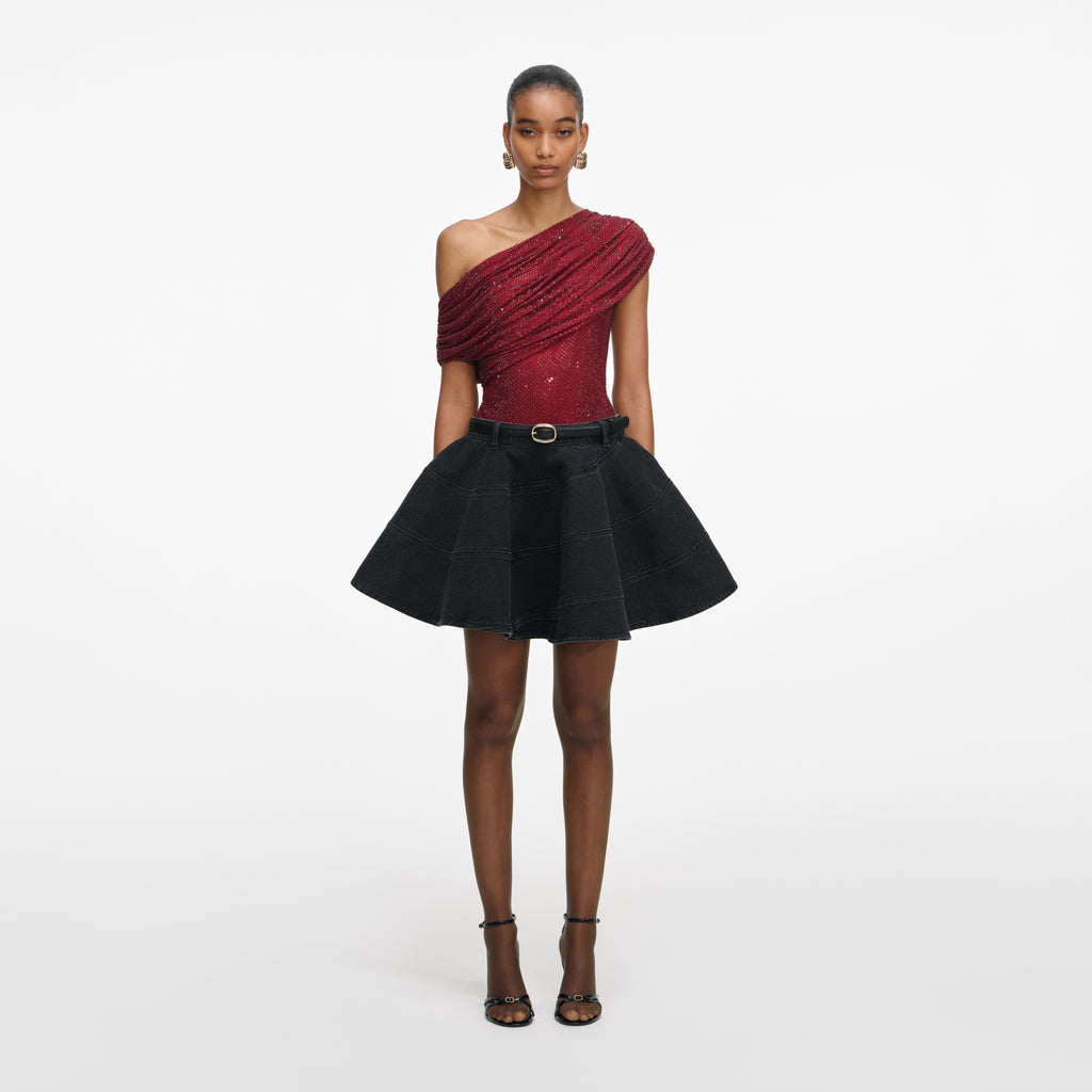 BURGUNDY RHINESTONE DRAPE TOP