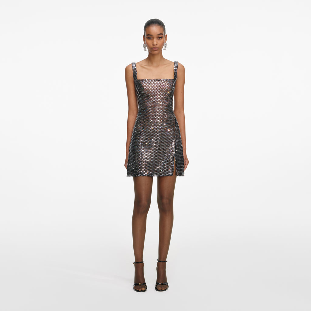 GUNMETAL RHINESTONE MESH MINI DRESS