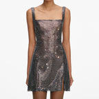 GUNMETAL RHINESTONE MESH MINI DRESS