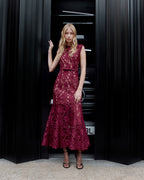 BURGUNDY GUIPURE LACE MIDI DRESS