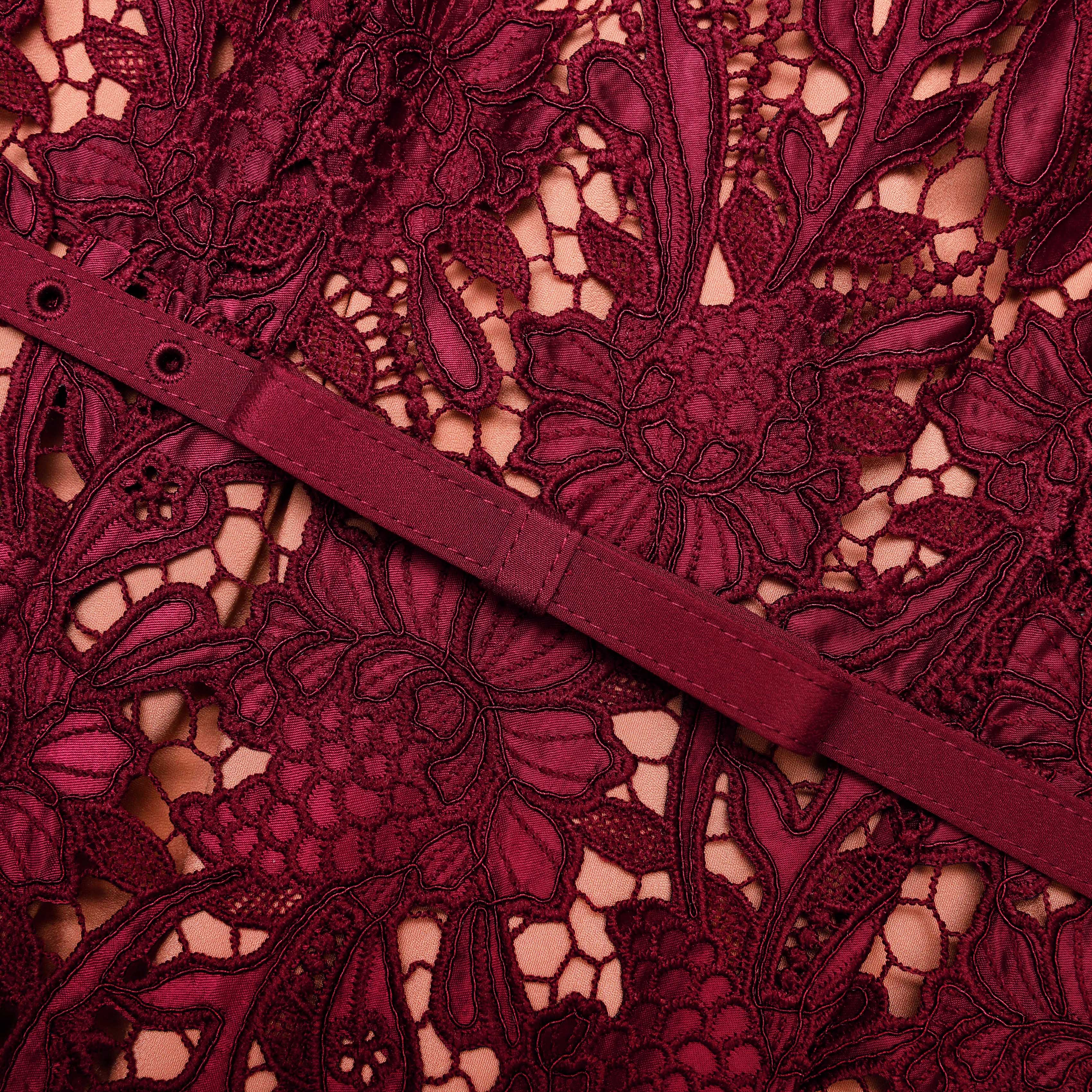 BURGUNDY GUIPURE LACE MIDI DRESS