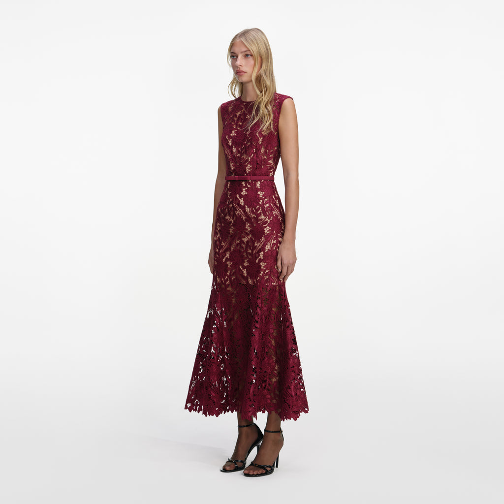 BURGUNDY GUIPURE LACE MIDI DRESS