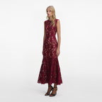 BURGUNDY GUIPURE LACE MIDI DRESS