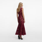 BURGUNDY GUIPURE LACE MIDI DRESS
