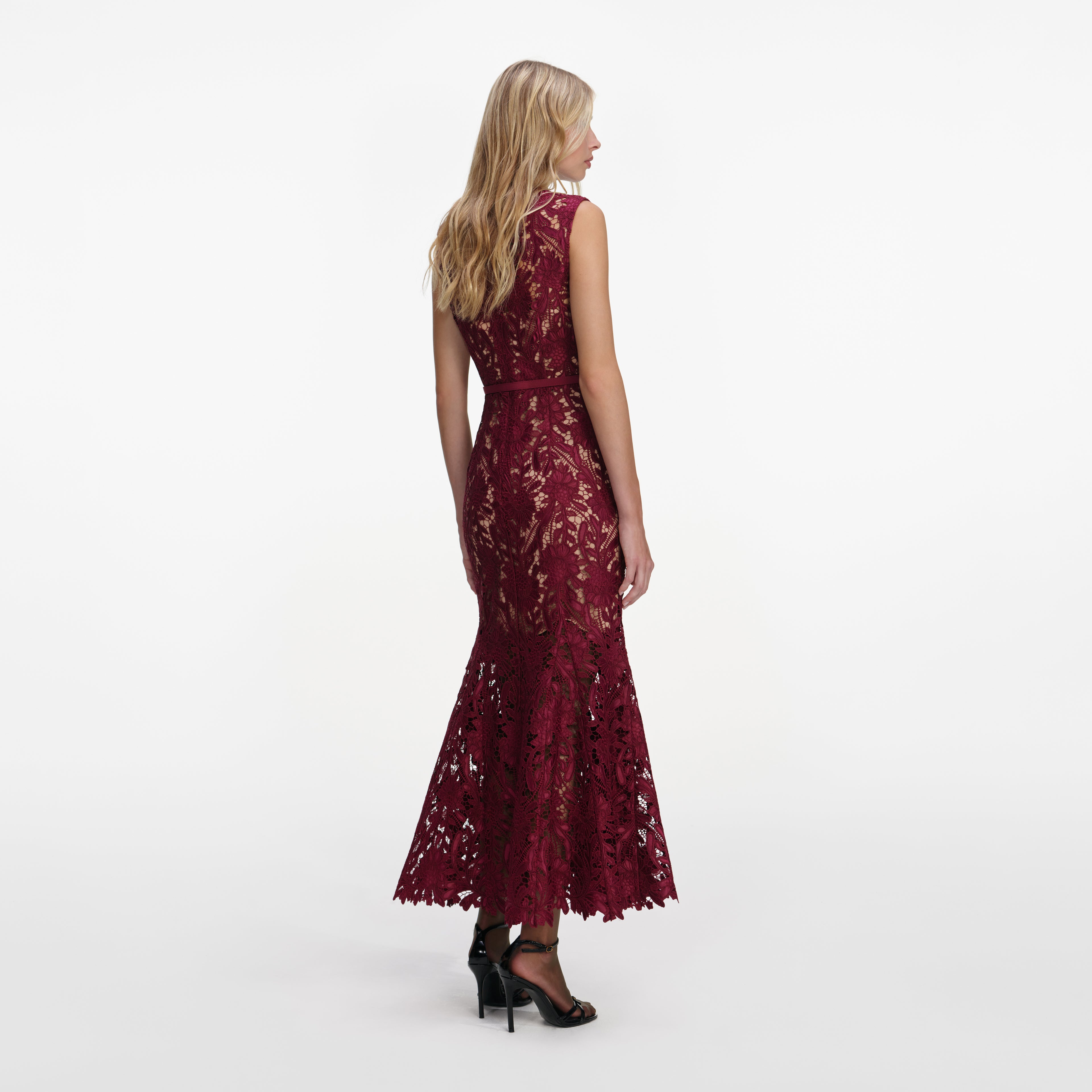 BURGUNDY GUIPURE LACE MIDI DRESS